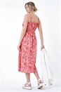 Orange Floral Print Shirred Midi Dress, Image 3 of 5