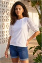 White Petite Embroidered Puff Sleeve Top, Image 1 of 4