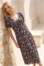 Black Rose Print Ruched Midi Dress, Image 1 of 4