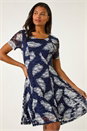Navy  Leaf Print Lace Stretch Dress, Image 3 of 5