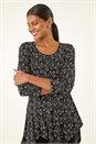 Black Floral Print Asymmetric Tunic Top, Image 4 of 5
