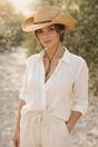 Beige Wide Brim Straw Sun Hat with Chin Strap, Image 1 of 4