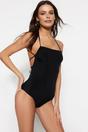 Black Square Neck Strappy Open Back Fitted Swimsuit, Image 1 of 3