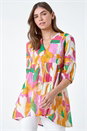 Orange Abstract Ladder Lace Cotton V-Neck Smock Top, Image 4 of 5