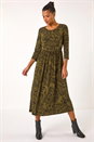 Olive Paisley Print Gathered Stretch Midi Dress, Image 2 of 5