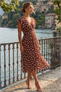 Brown Polka Dot V-Neck Frill Midi Dress, Image 2 of 4