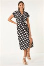 Black Polka Dot Belted Midi Dress, Image 1 of 5