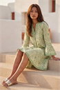 Sage Leaf Print Tiered Boho Dress, Image 2 of 4