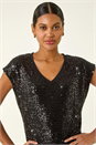 Black Sequin V-Neck Stretch Top, Image 4 of 5