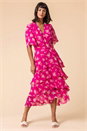 Pink Floral Print Tiered Frill Midi Dress, Image 3 of 5