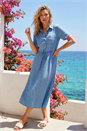 Denim Buttoned Midi Shirt Dress, Image 1 of 4