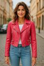Fuchsia Infinity Leather Fuchsia Cropped Brando Leather Biker Jacket, Image 1 of 7