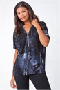 Blue Abstract Print Zip Front V-Neck T-Shirt , Image 4 of 5