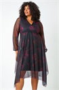 Black Curve Floral Mesh Overlay Wrap Dress, Image 4 of 5