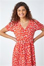 Red Abstract Frill Hem Midi Dress, Image 4 of 5
