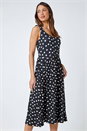 Black Sleeveless Polka Dot Midi Stretch Dress , Image 2 of 5