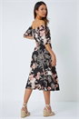 Black Floral Linen Blend Bardot Midi Dress, Image 3 of 6