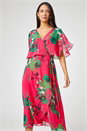 Pink Floral Print Frill Cape Wrap Dress, Image 1 of 5