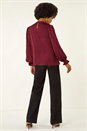 Wine Ruffle Front Keyhole Satin Top, Image 3 of 5