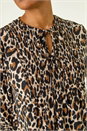 Tan Animal Print Shirred Tie Neck Top, Image 5 of 5