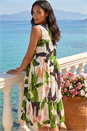 Green Leaf Print Tiered Smock Midi Dress, Image 3 of 4