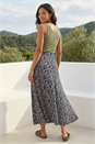 Navy  Leaf Print Stretch Midi Skirt, Image 3 of 4