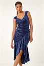 Navy  Sequin Velvet Bardot Stretch Midi Dress, Image 3 of 7