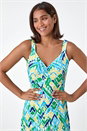 Blue Aztec Print Stretch Frill Hem Dress, Image 4 of 5