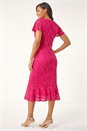 Fuchsia Sequin Lace Ruffle Stretch Midi Dress, Image 3 of 5