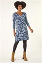 Navy  Geometric Gathered A-Line Dress, Image 2 of 5