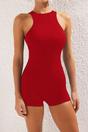 Red High Neck Sleeveless Fitted Swim Playsuit, Image 2 of 3