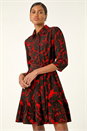 Red Abstract Print Tie Waist Shirt Dress, Image 1 of 5