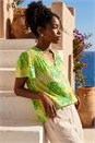 Lime Leaf Print Shirred V-Neck Top, Image 2 of 4