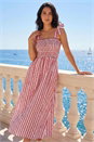 Red Dusk Polka Dot Stripe Shirred Midi Dress, Image 1 of 4