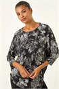 Black Floral Puff Print Stretch Top, Image 4 of 5
