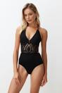 Black WOVCOR Black Halterneck Lace Detail Plunge Swimsuit, Image 1 of 4