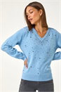 Blue V-Neck Sparkle Hotfix Knit Jumper, Image 4 of 5