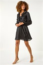 Black Satin V-Neck Ruffle Dress, Image 1 of 6