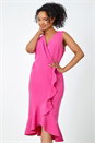 Pink Petite Sleeveless Frill Hem Wrap Dress, Image 4 of 5