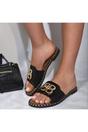 Black iKrush Black Abby Sparkle Buckle Gold Studded Flat Sandals, Image 8 of 8