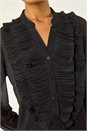 Black Ruffle Front V-Neck Blouse, Image 5 of 5