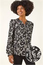 Black Floral Print Long Sleeve Top, Image 1 of 5