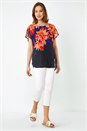 Navy Floral Print Overlay Stretch Top, Image 2 of 5