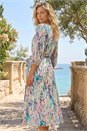 White Blurred Print Pleat Neck Midi Dress, Image 3 of 4