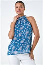 Blue Floral Print Halter Neck Frill Top, Image 1 of 5
