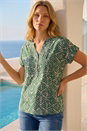 Khaki Abstract Print Button Detail V-Neck Top, Image 1 of 4
