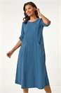 Blue Textured A-line Midi Dress, Image 2 of 5