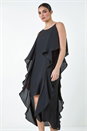 Black Dipped Hem Ruffle Detail Midi Dress, Image 1 of 5
