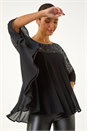 Black Sequin Yoke Frilled Tunic Top, Image 4 of 5