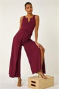 Wine Ruched Front Full Length Jumpsuit, Image 1 of 5